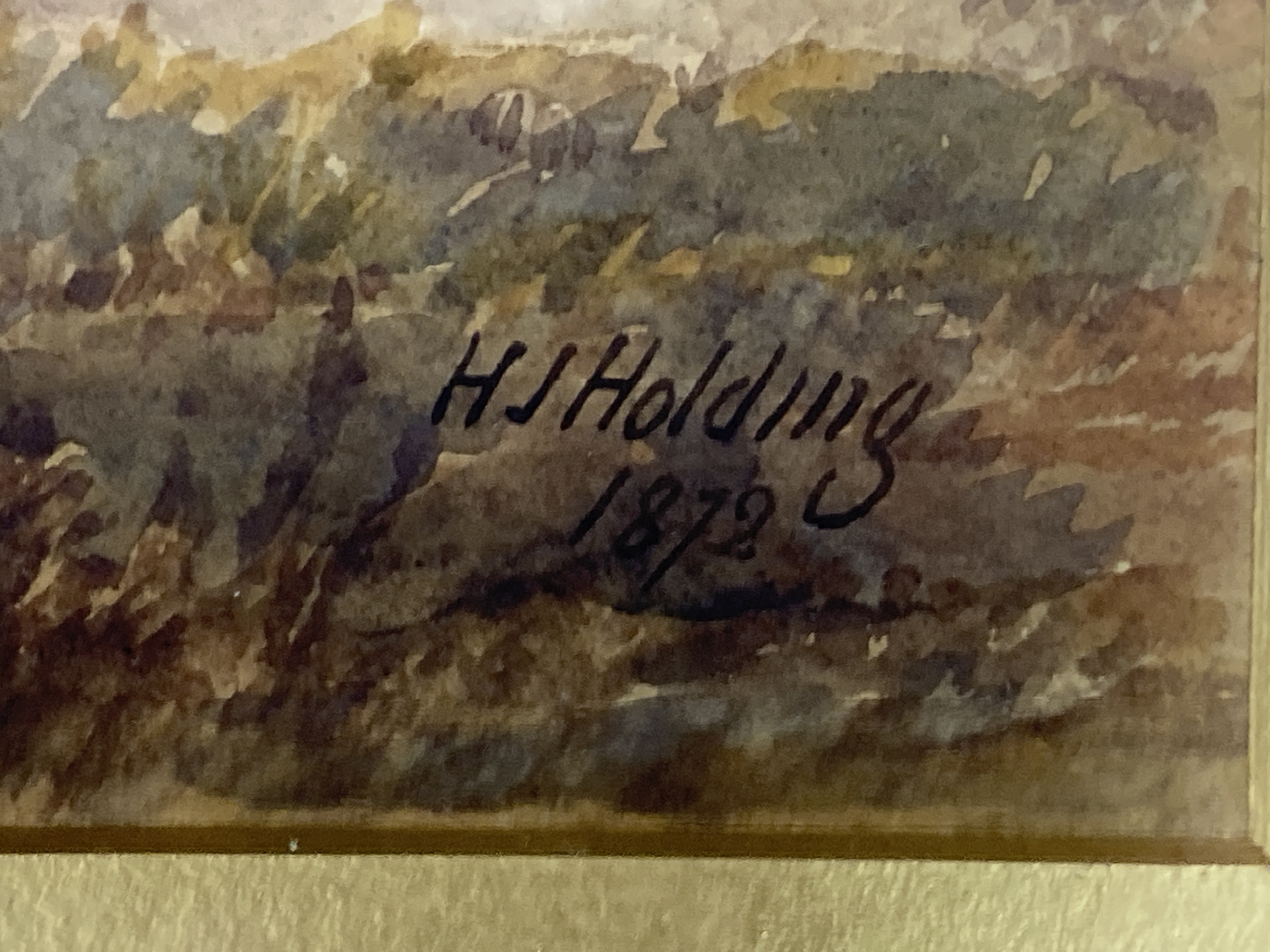 H.J. Holding, watercolour, Hunting Party near Haddon Hall, signed and dated 1872, 34 x 72cm